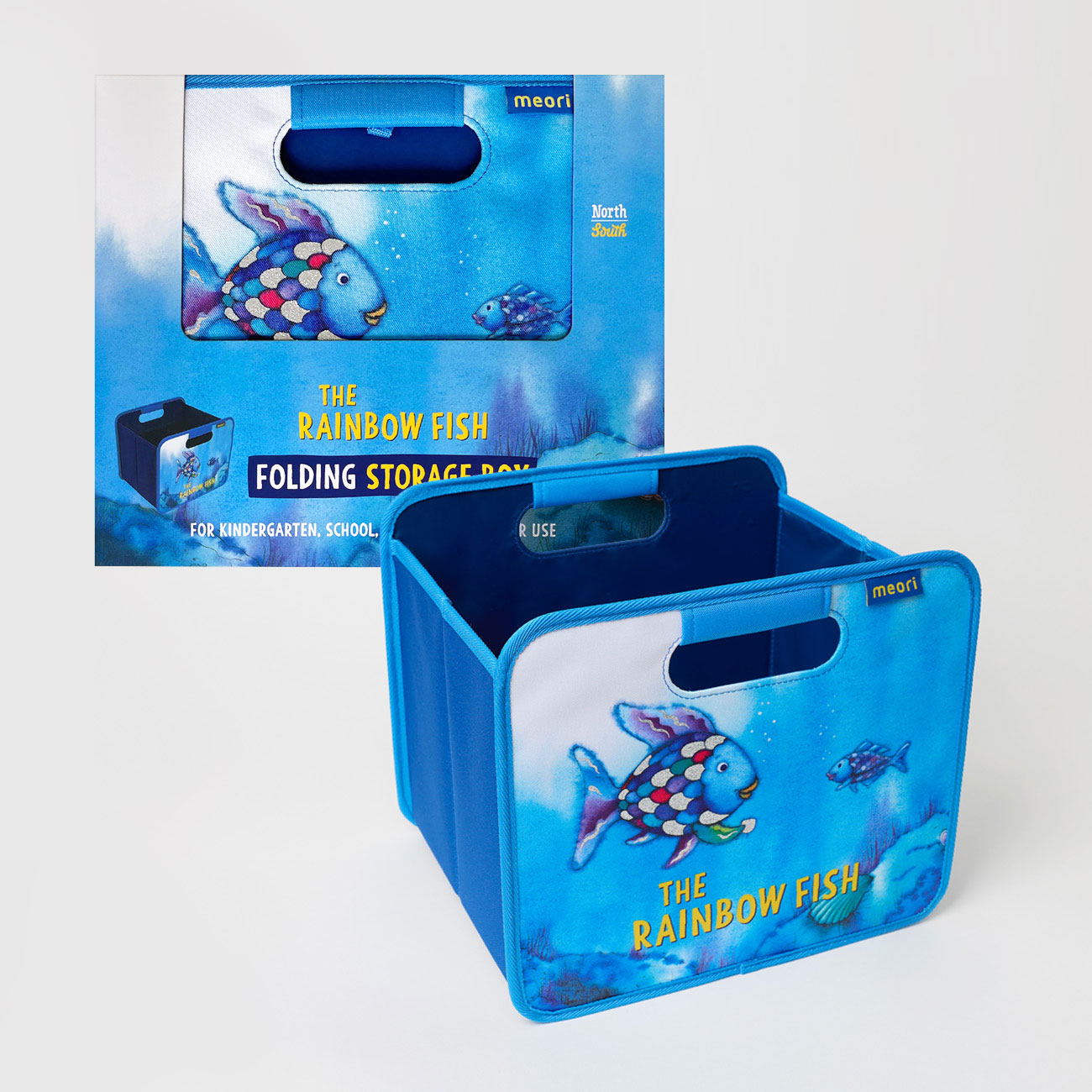 Individuell gebrandete meori Faltbox für Rainbowfisch mit blauer Verpackung